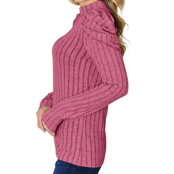 NEW BASIC BAE ribbed mock neck top with puff sleeves in fuchsia pink - Picture 2 of 4